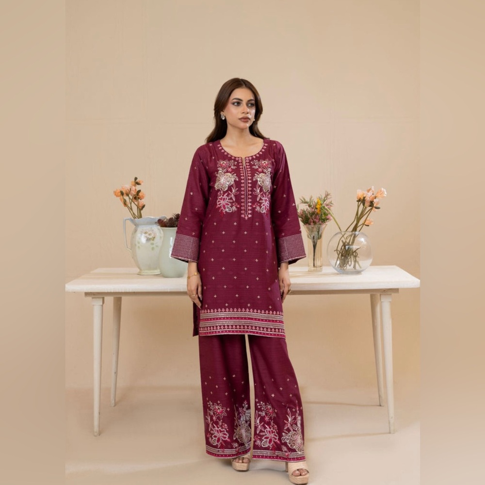 Embroidered Maroon Kurta Set